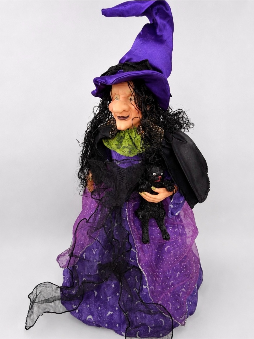 Vintage Halloween Witch Figure Black Cat Purple Decor 22” Tabletop/Tree Topper